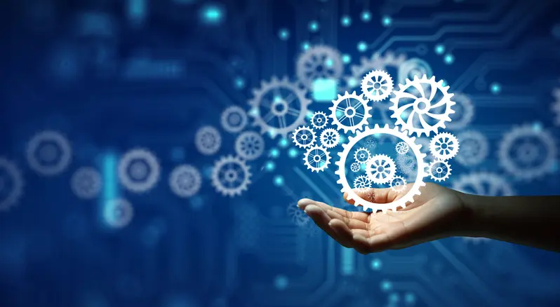 Hand holding cogwheels. alignment tools Wireframe light connection and Circuit converging point background. Business idea, Teamwork, Planing Strategy, Cooperation, and Analysis solution development Concept.