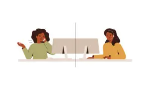 Woman at home talks to operator call center. Service consultant help female customer online. Remote conversation between client and assistant of support line. Vector illustration