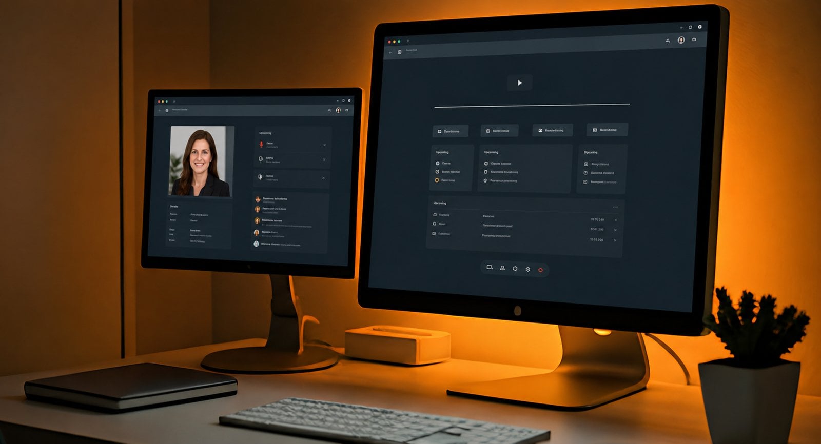 Warm desk setup with two monitors showing a generic webinar dashboard and business profile interface.