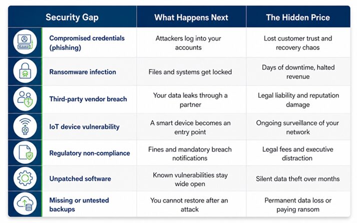 SafePoint IT cybersecurity table showing security gaps, what happens next, and the hidden cost of common business risks.