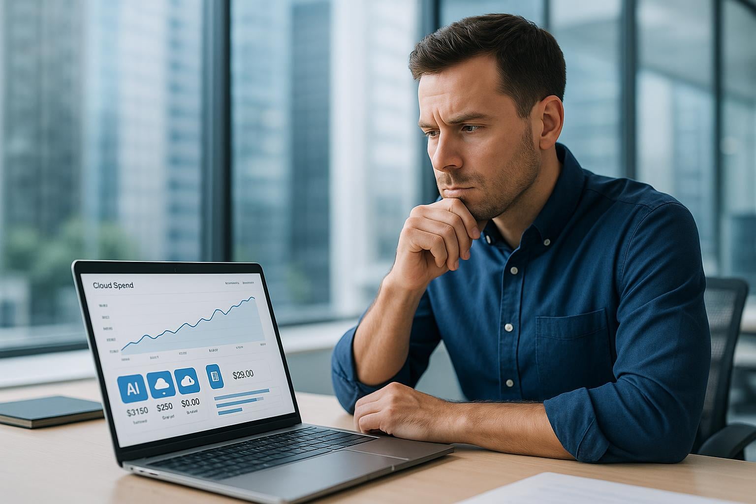Business owner reviewing rising AI costs on a laptop dashboard