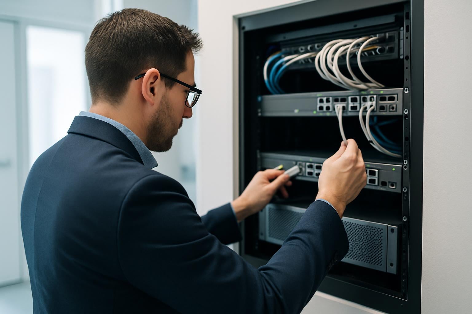 A SafePoint IT engineer working on network equipment during an on-site visit
