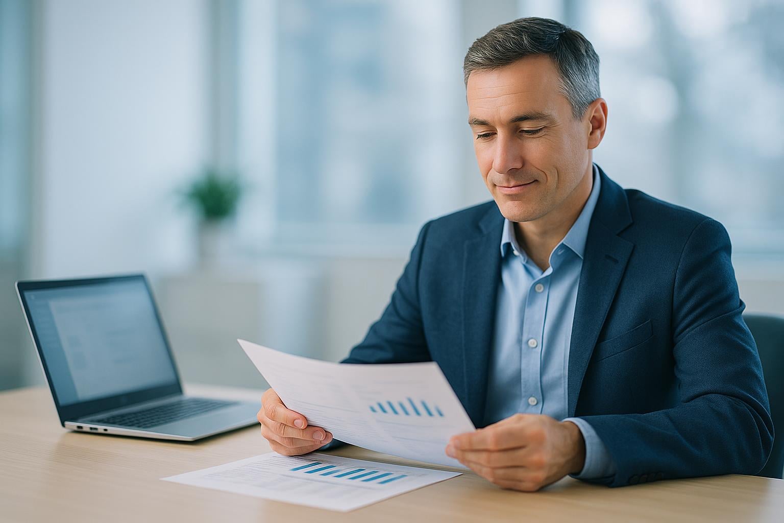 Small-business owner reviewing financial reports in a modern office, confident their QuickBooks Online data is backed up
