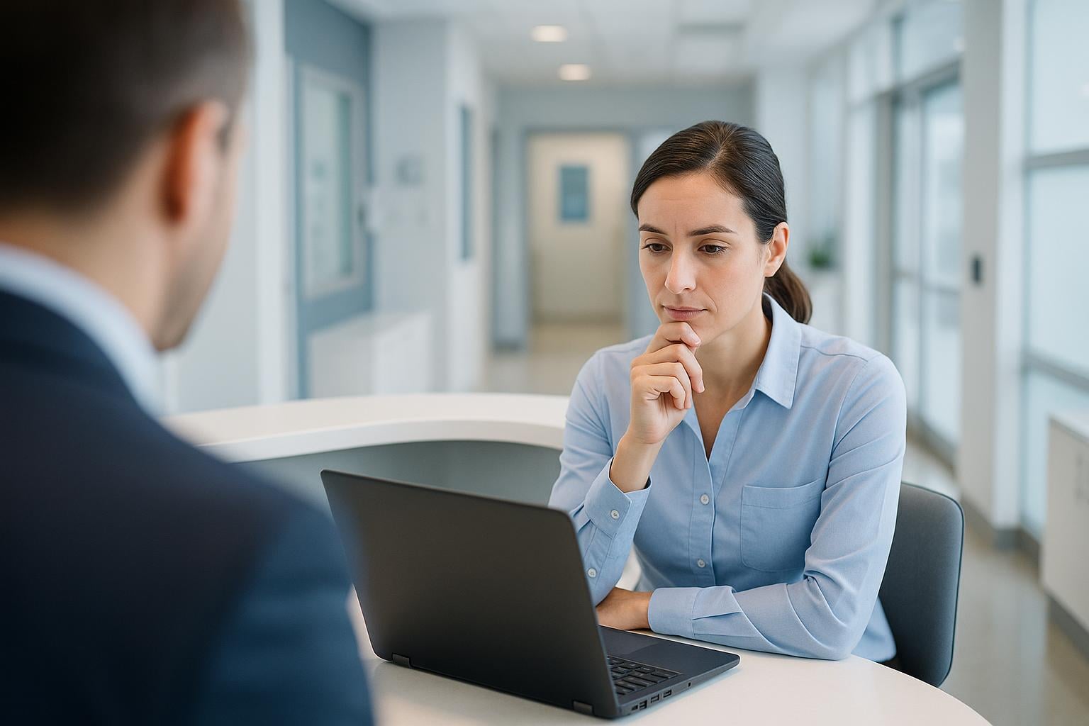 Healthcare office manager thoughtfully weighing IT options on a laptop with an advisor
