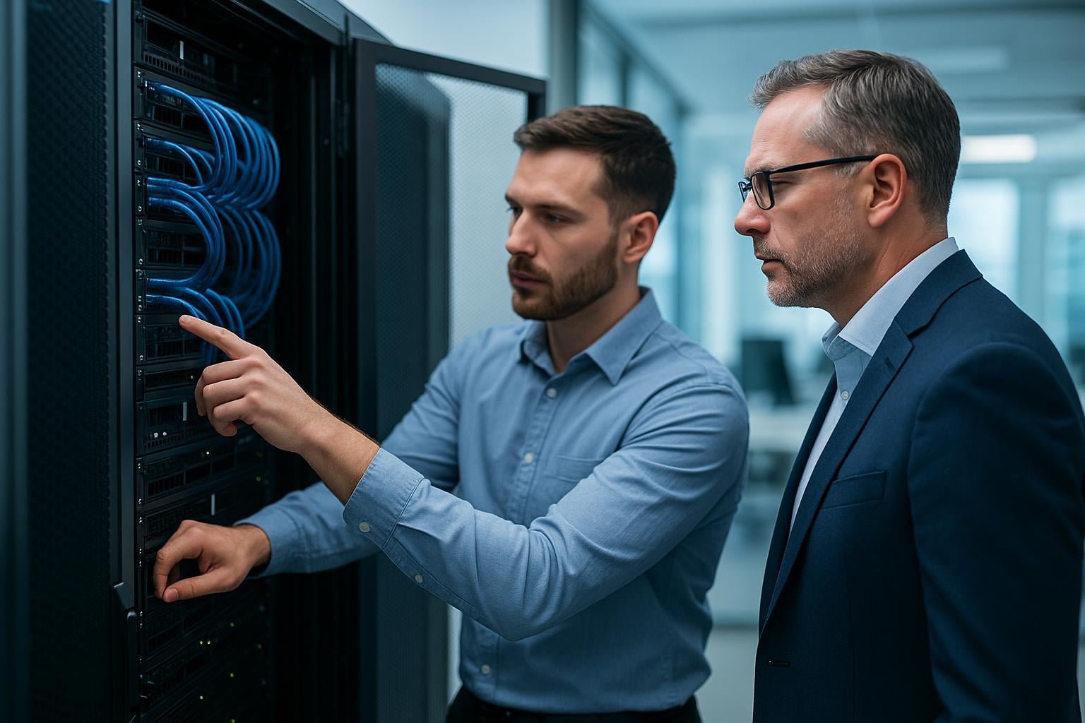 Two SafePoint IT engineers inspecting equipment in a server rack