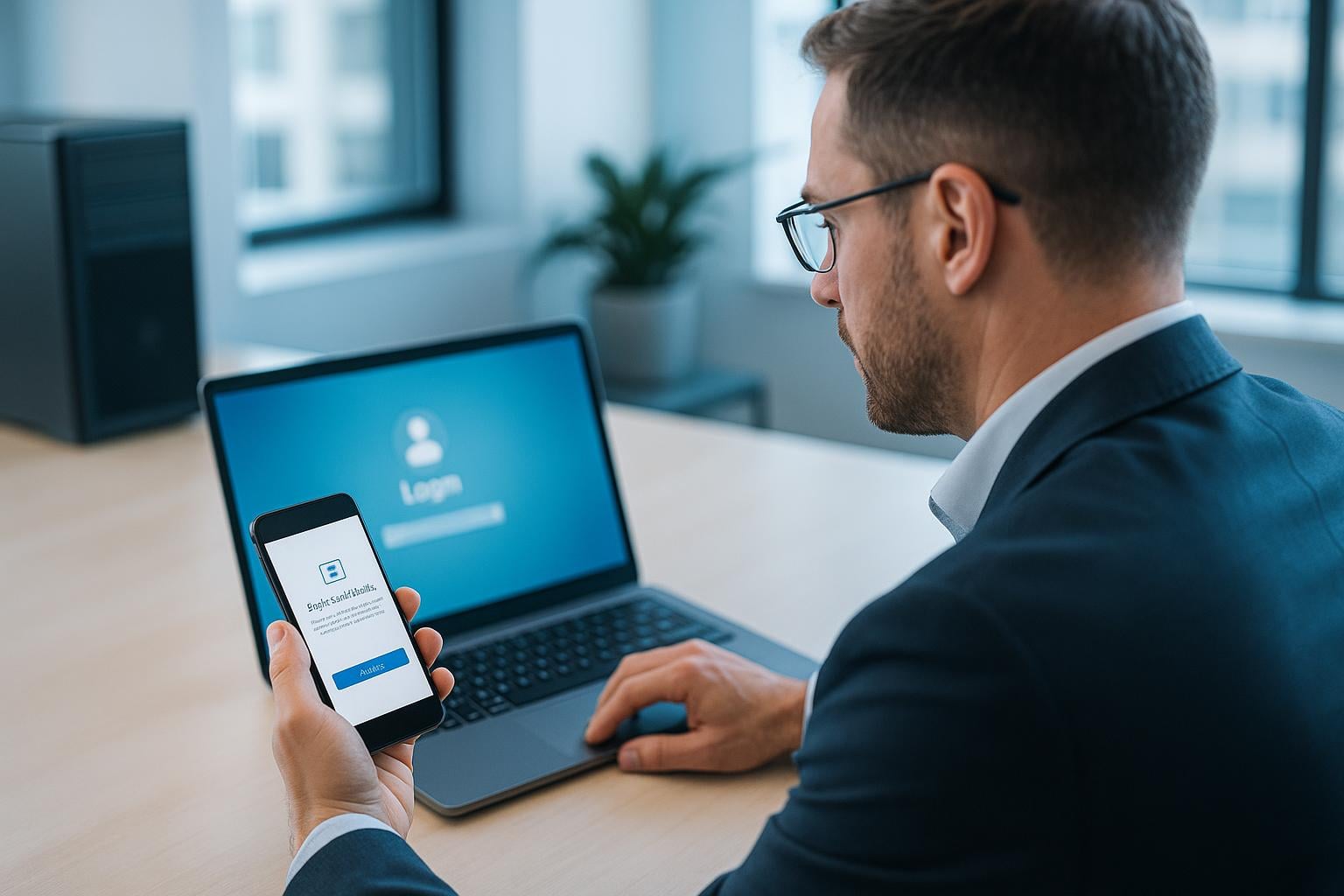Business user approving a Microsoft 365 sign-in prompt on a smartphone beside a laptop
