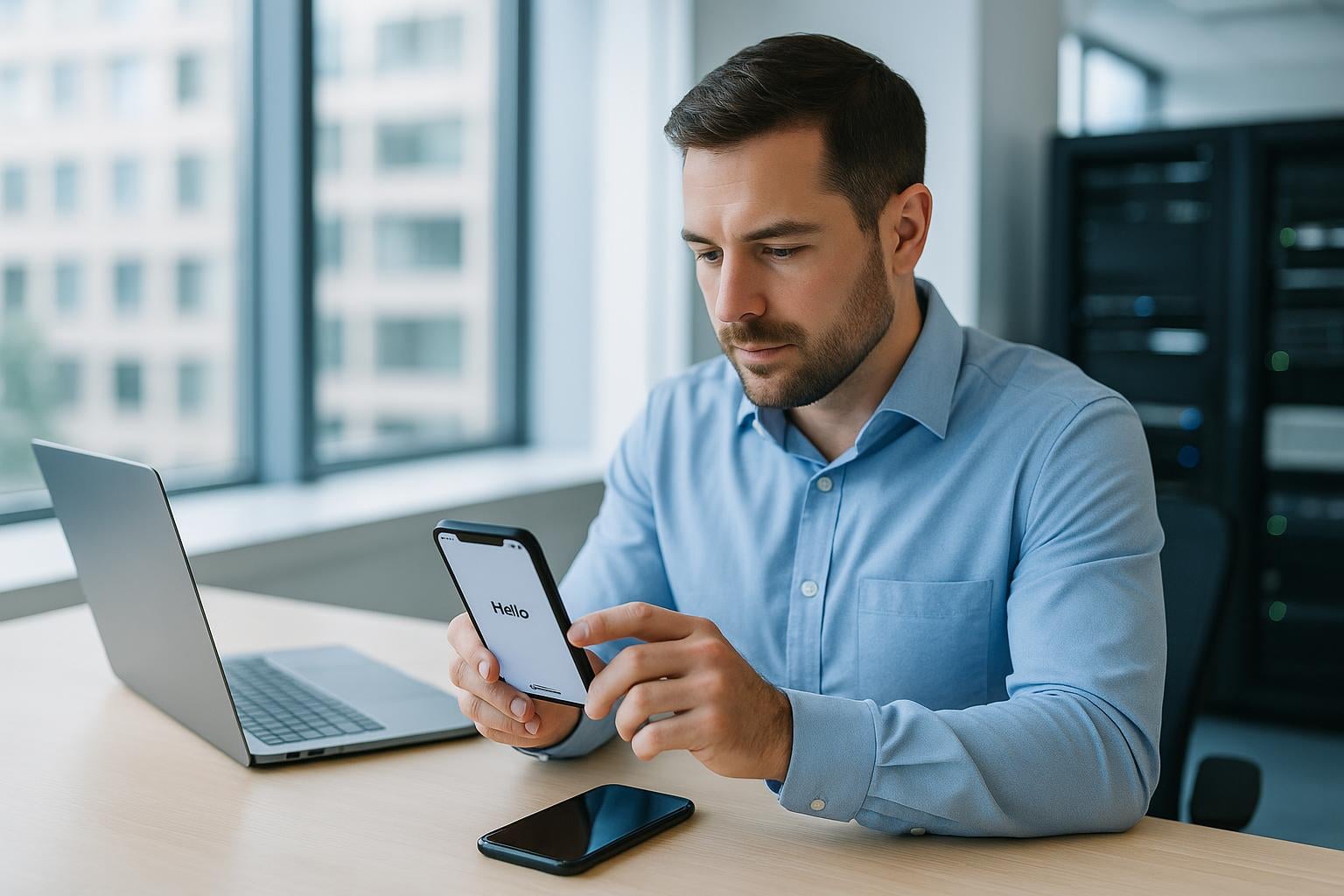 Office worker setting up a new smartphone with the old phone on the desk, showing why a backup sign-in method matters