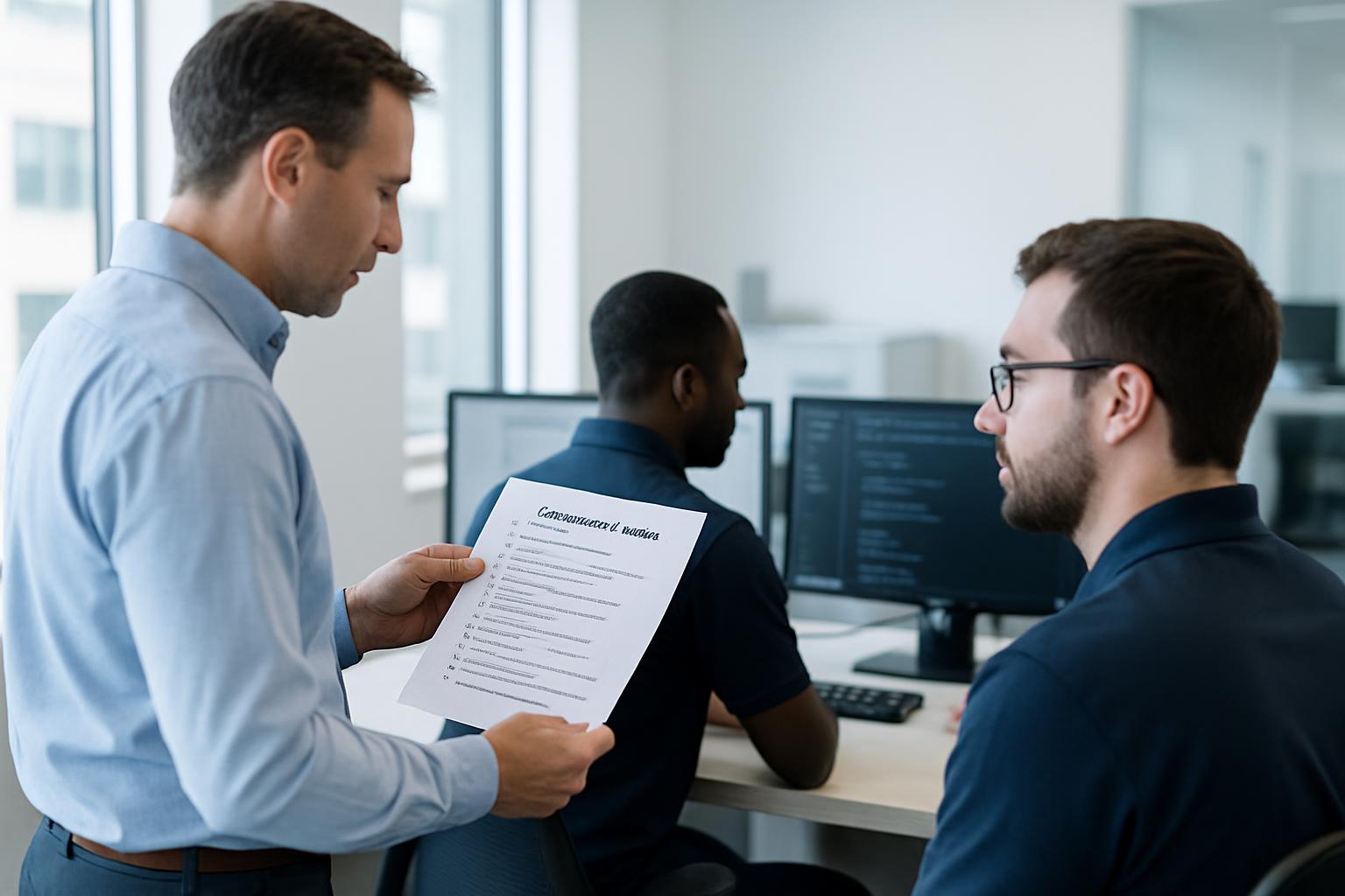 A SafePoint IT engineer reviewing an IT assessment checklist with an operations manager