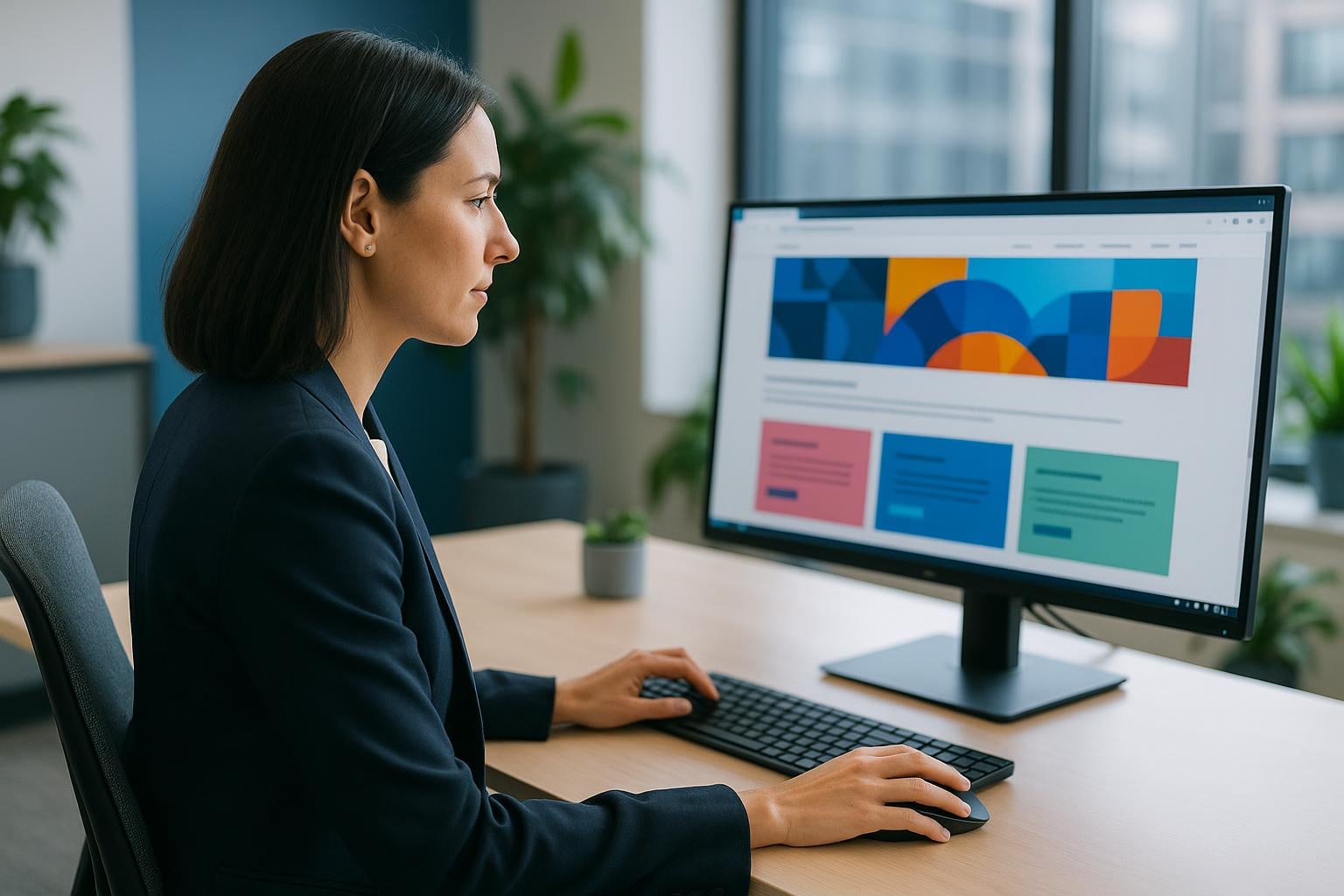 A marketing manager publishing updates to a company website on a desktop computer