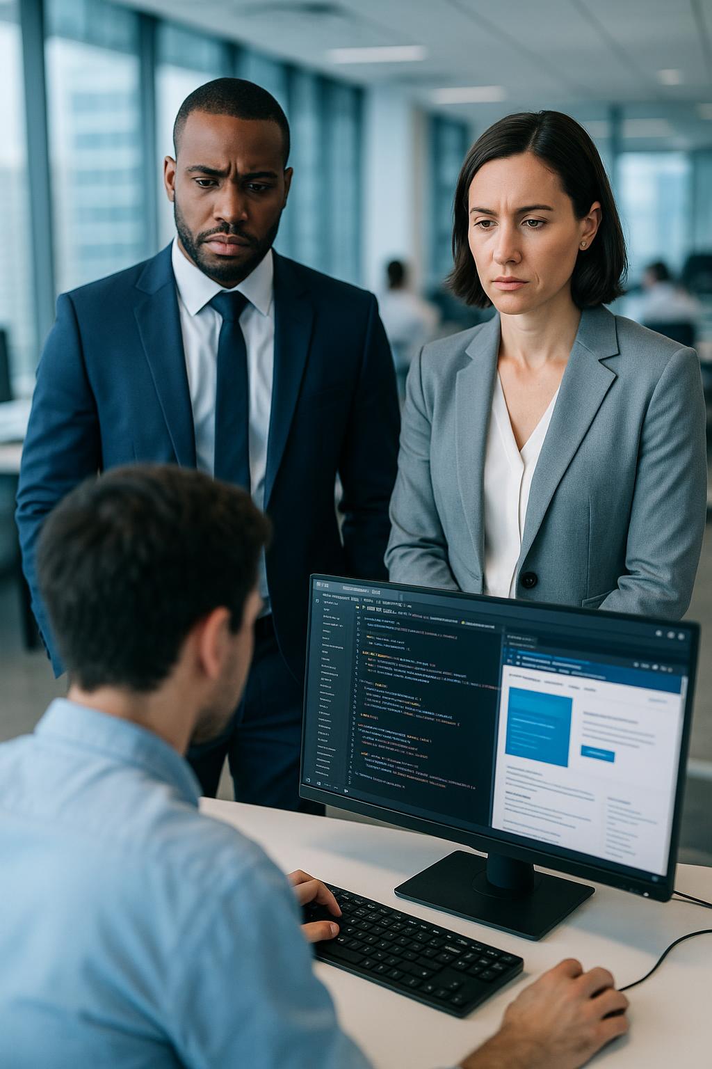 Business owners waiting behind a developer coding their website, showing the web-change bottleneck