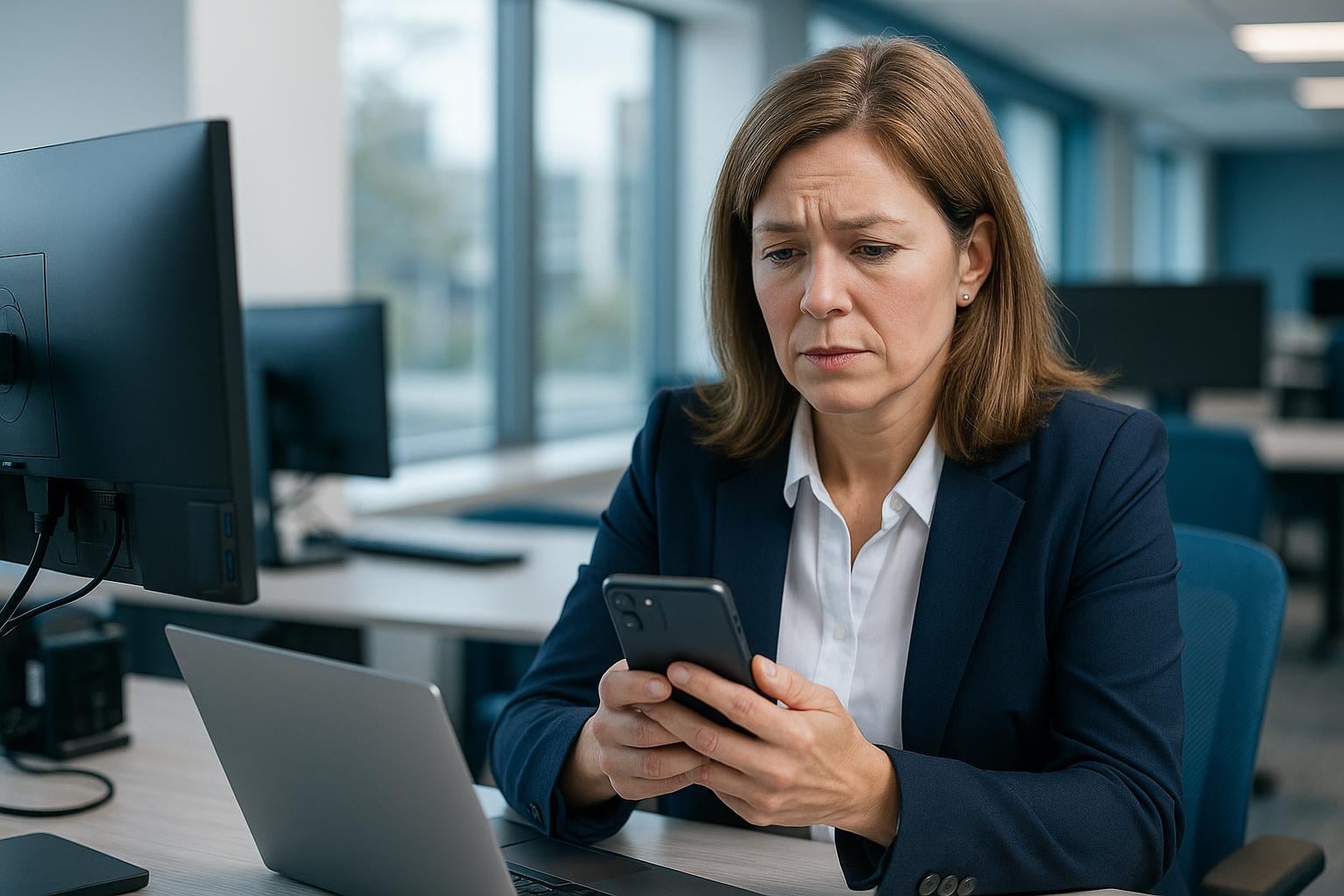 Office manager looking at her phone after an unexpected sign-in alert