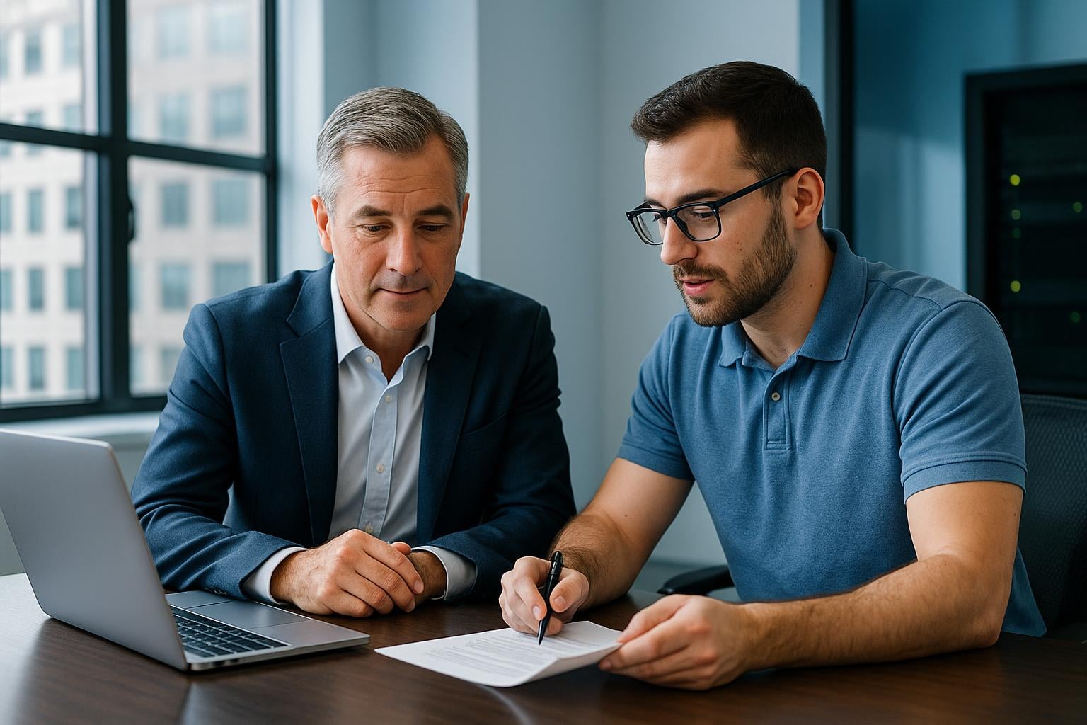 Business owner and IT engineer reviewing security questionnaire answers together